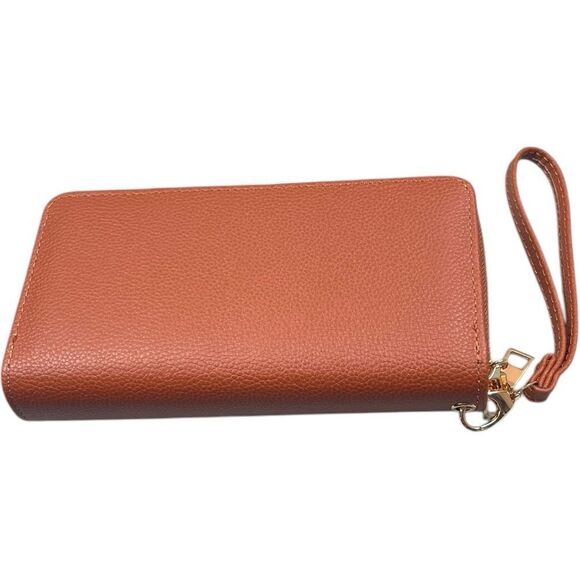 Brown Designer Inspired Lettering Double Zipper Wristlet Wallet - Picture 2 of 9